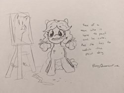 Size: 2048x1542 | Tagged: safe, artist:pony quarantine, derpibooru import, kettle corn, earth pony, pony, cute, female, filly, foal, looking at you, monochrome, mouth hold, paint, paintbrush, pencil drawing, solo, traditional art