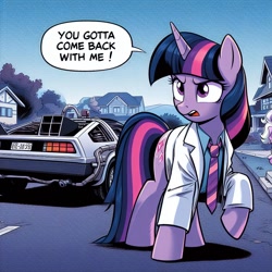 Size: 1024x1024 | Tagged: safe, ai content, derpibooru exclusive, derpibooru import, generator:dall-e 3, machine learning generated, twilight sparkle, pony, unicorn, back to the future, clothes, concerned, delorean, female, lab coat, mare, necktie, prompter:siber, road, solo, speech bubble, text, time machine