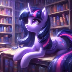 Size: 1024x1024 | Tagged: safe, ai content, derpibooru import, machine learning generated, twilight sparkle, twilight sparkle (alicorn), alicorn, pony, book, female, happy, library, looking up, lying down, mare, prompter:hazy skies, prone, smiling, solo, sparkly eyes, wingding eyes