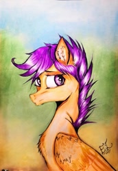 Size: 571x828 | Tagged: safe, artist:hysteriana, derpibooru import, scootaloo, pegasus, colored, ear fluff, ears, female, filly, foal, folded wings, full color, mlp fim's thirteenth anniversary, old art, purple eyes, purple mane, sad