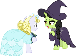 Size: 4069x3000 | Tagged: safe, artist:cloudy glow, derpibooru import, pony, unicorn, between dark and dawn, spoiler:s09, book, broomhilda, clothes, dress, duo, duo female, female, glinda, hat, high res, looking at each other, looking at someone, mare, open mouth, simple background, transparent background, vector, wicked, witch, witch hat