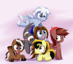 Size: 1896x1685 | Tagged: safe, artist:trackheadtherobopony, derpibooru import, oc, oc:autumn rosewood, oc:azure interdictor, oc:cherry cookie, oc:countess sweet bun, oc:dust, oc:shadow spirits, earth pony, original species, pegasus, plane pony, unicorn, chibi, female, flying, group, hat, male, mare, plane, stallion, unshorn fetlocks