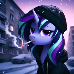 Size: 1024x1024 | Tagged: safe, ai content, derpibooru exclusive, derpibooru import, generator:dall-e 3, machine learning generated, starlight glimmer, pony, unicorn, beanie, cigarette, clothes, doomer, female, hat, hoodie, looking at you, mare, meme, ponified, ponified meme, prompter:siber, russia, smoke, smoking, snow, snowfall, solo, tired