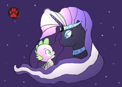 Size: 2122x1500 | Tagged: safe, artist:darkprinceismyname, derpibooru import, idw, nightmare rarity, spike, dragon, pony, unicorn, 2015, female, looking at each other, looking at someone, male, mare, night, nightmare sparity, old art, shipping, starry night, straight