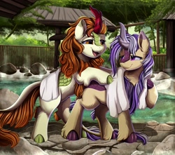 Size: 2500x2210 | Tagged: safe, artist:pridark, derpibooru import, autumn blaze, oc, oc:lotus cinder, kirin, fanfic:words of power, commission, fanfic art, female, fence, hot springs, kirin oc, mare, rock, steam, stone, towel, tree, wet, wet mane