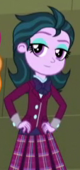 Size: 113x240 | Tagged: safe, derpibooru import, edit, edited screencap, editor:teal-brony, screencap, zephyr, equestria girls, friendship games, background human, bowtie, clothes, cropped, crystal prep academy uniform, eyeshadow, inverted mouth, makeup, purple eyes, school uniform, smile edit, solo