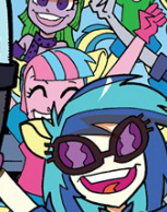 Size: 153x194 | Tagged: safe, derpibooru import, idw, dj pon-3, vinyl scratch, human, equestria girls, spoiler:comic, spoiler:comicannual2013, barb wire (g4), blossomfire (g4), female