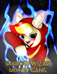 Size: 4096x5264 | Tagged: safe, artist:sodapop sprays, derpibooru import, oc, oc:sodapop sprays, pegasus, pony, clothes, deep fried meme, ear fluff, ears, lightning, looking at you, meme, robes, shadow wizard money gang, smiling, smiling at you, solo, wizard