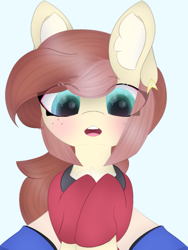 Size: 1479x1972 | Tagged: safe, artist:sodapop sprays, derpibooru import, oc, oc:naomi horsley, earth pony, pony, chest fluff, clothes, combadge, confused, ear fluff, ears, holding a pony, redshirt, simple background, skirt, star trek, star trek (tos)