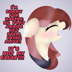 Size: 2646x2646 | Tagged: safe, artist:sodapop sprays, derpibooru import, oc, oc:naomi horsley, earth pony, pony, bust, chest fluff, crying, crying aya meme, ear fluff, ears, meme, plot armor, solo, star trek, star trek (tos), text