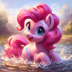 Size: 1024x1024 | Tagged: safe, ai content, derpibooru import, machine learning generated, pinkie pie, earth pony, pony, happy, looking at you, open mouth, prompter:hazy skies, scenery, scenery porn, smiling, solo, splashing, water, wrong cutie mark