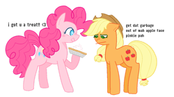 Size: 1197x668 | Tagged: safe, artist:cutecandycane, derpibooru import, applejack, pinkie pie, earth pony, pony, dialogue, duo, duo female, english, female, food, pie, pumpkin pie, simple background, transparent background