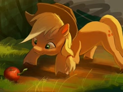 Size: 2435x1826 | Tagged: safe, artist:hoofy_0415, derpibooru import, applejack, worm, apple, food