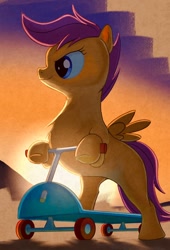 Size: 1072x1580 | Tagged: safe, artist:hoofy_0415, derpibooru import, scootaloo, pegasus, pony, scooter, solo, sunset