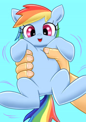 Size: 2894x4093 | Tagged: safe, artist:rainbowdashsuki, derpibooru import, rainbow dash, human, pony, blue background, cyan background, hand, holding a pony, simple background, small