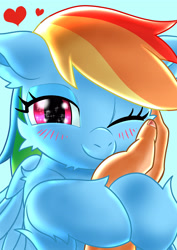 Size: 2894x4093 | Tagged: safe, artist:rainbowdashsuki, derpibooru import, rainbow dash, pegasus, pony, blushing, cute, female, hand, mare, petting