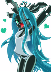 Size: 2894x4093 | Tagged: safe, artist:rainbowdashsuki, derpibooru import, queen chrysalis, changeling, changeling queen, semi-anthro, clothes, female, heart, panties, shirt, simple background, solo, stretching, underwear, white background