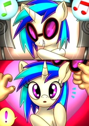 Size: 2894x4093 | Tagged: safe, artist:rainbowdashsuki, derpibooru import, dj pon-3, vinyl scratch, human, pony, unicorn, exclamation point, female, glasses, hand, mare