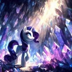 Size: 1024x1024 | Tagged: safe, ai content, derpibooru import, generator:dall-e 3, machine learning generated, rarity, pony, unicorn, cave, crystal, female, full body, looking at something, looking up, mare, prompter:hazy skies, scenery, scenery porn, smiling, solo, sunshine, walking, wrong cutie mark