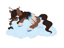 Size: 2100x1600 | Tagged: safe, artist:aledera, derpibooru import, oc, oc only, oc:june bug, butterfly, pegasus, pony, cloud, female, mare, on a cloud, solo