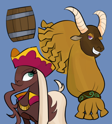 Size: 1060x1171 | Tagged: safe, artist:nonameorous, derpibooru import, goat, them's fightin' herds, barrel, beard, blue background, captain bravura (tfh), chains, community related, duo, facial hair, first mate ruvido (tfh), hat, horns, jewelry, looking up, pirate, pirate hat, simple background, smiling