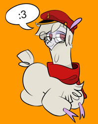 Size: 920x1164 | Tagged: safe, artist:nonameorous, derpibooru import, oc, oc only, oc:nonameorous, alpaca, them's fightin' herds, :3, clothes, cloven hooves, community related, glasses, hat, looking away, orange background, scarf, simple background, sitting, solo, speech bubble