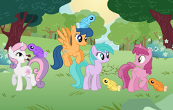 Size: 928x590 | Tagged: safe, artist:90sigma, artist:flash-draw, artist:foxox, artist:gamemasterluna, artist:maddietheuniversalfan68, artist:the-bitterman, derpibooru import, edit, first base, ruby pinch, sweetie belle, oc, oc:daisy, oc:dicky, oc:mickey, oc:ricky, earth pony, pegasus, pony, rabbit, unicorn, g4, adorabase, animal, aura (g4), aurabetes, cute, diasweetes, female, group, male, mare, older, older aura (g4), older first base, older ruby pinch, older sweetie belle, outdoors, owners, pegasus first base, pet, pets, pinchybetes, quartet, race swap, tree