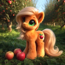 Size: 1024x1024 | Tagged: safe, ai content, machine learning generated, applejack, earth pony, pony, alternate cutie mark, apple, apple tree, bing, female, filly, filly applejack, fluffy, foal, semi-realistic, sweet apple acres, tree, younger