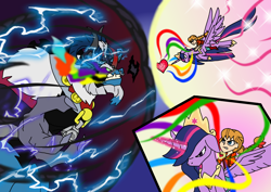 Size: 1414x1000 | Tagged: safe, artist:zetikoopa, derpibooru import, grogar, king sombra, lord tirek, megan williams, storm king, twilight sparkle, oc, oc:alastor, alicorn, centaur, human, taur, g1, my little pony: the movie, female, fight, fusion, fusion:grogar, fusion:king sombra, fusion:lord tirek, fusion:storm king, male, mare, older, older twilight, older twilight sparkle (alicorn), rainbow of darkness, rainbow of light