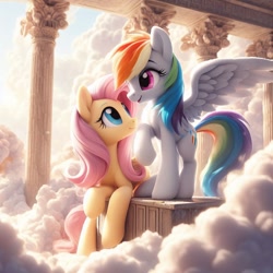 Size: 1024x1024 | Tagged: safe, ai content, machine learning generated, fluttershy, rainbow dash, pegasus, pony, alternate cutie mark, bing, cloudsdale, female, incorrect leg anatomy, looking at each other, looking at someone, mare, smiling