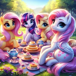 Size: 1024x1024 | Tagged: safe, ai content, machine learning generated, fluttershy, twilight sparkle, oc, pegasus, pony, alternate cutie mark, bing, cake, female, flower, looking at you, mare, smiling, smiling at you, tea party, teapot