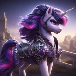 Size: 1024x1024 | Tagged: safe, ai content, machine learning generated, twilight sparkle, unicorn twilight, pony, unicorn, alternate cutie mark, armor, battlemage, bing, female, mare, serious, solo, tower