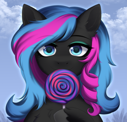 Size: 2643x2547 | Tagged: safe, artist:alunedoodle, derpibooru import, oc, oc:obabscribbler, earth pony, pony, bust, candy, female, food, lollipop, looking at you, portrait, solo