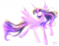 Size: 2048x1623 | Tagged: safe, artist:petaltwinkle, derpibooru import, twilight sparkle, twilight sparkle (alicorn), alicorn, pony, blank eyes, ethereal mane, ethereal tail, female, flowing mane, glowing, glowing eyes, head turn, long legs, mare, signature, simple background, solo, spread wings, starry mane, tail, tall, ultimate twilight, white background, wings