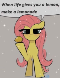 Size: 951x1241 | Tagged: safe, artist:petaltwinkle, derpibooru import, fluttershy, pegasus, pony, cute, dialogue, female, food, gray background, hoof hold, lemon, looking at you, mare, narrowed eyes, shyabetes, simple background, solo, speech bubble, talking to viewer