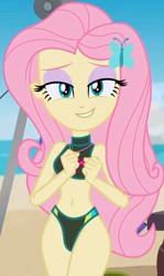 Size: 764x1280 | Tagged: safe, derpibooru import, edit, edited screencap, screencap, fluttershy, better together, equestria girls, too hot to handle, beach, bedroom eyes, bikini, clothes, female, looking at you, solo, swimsuit