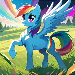 Size: 757x760 | Tagged: safe, ai content, derpibooru import, generator:stable diffusion, machine learning generated, rainbow dash, pegasus, pony, day, female, field, generator:hotpot.ai, grass, mare, night, rainbow, raised hoof, raised leg, sky, smiling, solo, spread wings, wings