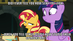 Size: 1066x600 | Tagged: safe, derpibooru import, edit, edited screencap, editor:twi clown, screencap, sunset shimmer, twilight sparkle, twilight sparkle (alicorn), alicorn, pony, unicorn, better together, equestria girls, forgotten friendship, caption, duo, female, image macro, looking at each other, looking at someone, mare, smiling, text