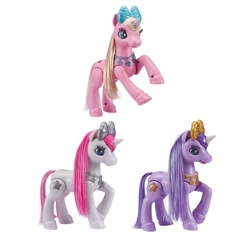 Size: 1200x1200 | Tagged: safe, derpibooru import, pony, unicorn, amazon.com, bootleg, bow, colored horn, female, hair bow, horn, jewelry, mare, necklace, raised hoof, raised leg, rearing, simple background, standing, trio, white background, zuru pets alive