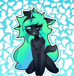 Size: 1877x1914 | Tagged: safe, artist:minty--fresh, derpibooru import, oc, oc:minty fresh, monster pony, original species, semi-anthro, spiderpony, chest fluff, four eyes, heart, heart eyes, kneeling, mandibles, multicolored hair, one eye closed, solo, wingding eyes, wink