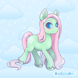 Size: 2048x2048 | Tagged: safe, artist:bluecocoaart, derpibooru import, earth pony, pony, g2, blushing, cloud, ear piercing, earring, female, jewelry, looking at you, mare, outdoors, piercing, raised hoof, raised leg, signature, smiling, solo, spring (g2), stars, tail, unshorn fetlocks