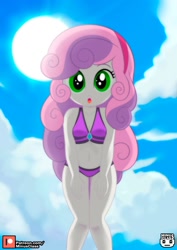 Size: 1059x1500 | Tagged: safe, artist:minusclass, derpibooru import, part of a set, sweetie belle, human, equestria girls, belly button, bikini, bikini bottom, bikini top, clothes, diamond, female, hairband, jewelry, legs, looking at you, looking down, looking down at you, midriff, outdoors, patreon, patreon logo, sky, solo, solo female, sun, swimsuit