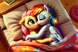 Size: 1152x768 | Tagged: safe, ai content, derpibooru import, generator:stable diffusion, machine learning generated, fluttershy, rainbow dash, pegasus, pony, bed, bedroom, blanket, blushing, cuddling, cute, daaaaaaaaaaaw, dashabetes, duo, duo female, ears, eyes closed, female, floppy ears, flutterdash, hooves, hug, lesbian, looking at each other, looking at someone, lying down, mare, on bed, on side, pillow, prompter:endless--, shipping, shyabetes, sleeping, smiling, smiling at each other, snuggling, touching face, wings