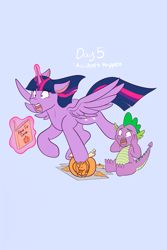 Size: 1365x2048 | Tagged: safe, artist:mscolorsplash, derpibooru import, spike, twilight sparkle, twilight sparkle (alicorn), alicorn, dragon, pony, blue background, book, broken, duo, duo male and female, female, halloween, holiday, jack-o-lantern, male, mare, ponytober, pumpkin, shocked, simple background, sternocleidomastoid, tripping