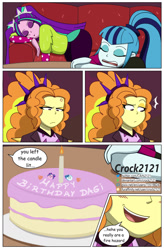 Size: 1280x1954 | Tagged: safe, artist:crock2121, derpibooru import, adagio dazzle, aria blaze, sonata dusk, human, better together, equestria girls, g4, sunset's backstage pass!, cake, female, food, music festival outfit