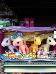 Size: 400x533 | Tagged: safe, derpibooru import, earth pony, pony, bootleg, choking hazard, cutlass, female, group, photo, pony superheroes, quartet, shelf, sword, toy, weapon