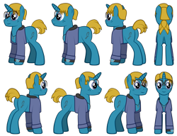 Size: 1477x1137 | Tagged: safe, artist:j-yoshi64, derpibooru import, oc, oc only, oc:j-pony64, human, pony, unicorn, blonde, blonde hair, blue coat, clothes, cross, cross necklace, denim, denim jacket, front view, glasses, hood, human in equestria, jacket, jewelry, long sleeves, male, necklace, ponified, self insert, show accurate, side view, simple background, solo, species swap, stallion, three quarter view, transparent background, turnaround, vector, watch, wristwatch