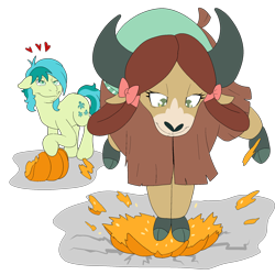 Size: 2000x2000 | Tagged: safe, artist:bennimarru, derpibooru import, sandbar, yona, earth pony, pony, yak, bedroom eyes, faic, female, male, pumpkin, shipping, simple background, straight, transparent background, yak smash, yonabar