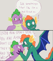 Size: 1920x2177 | Tagged: safe, artist:mythicalartist_, derpibooru import, spike, oc, oc:emziko, dragon, 2 panel comic, boop, canon x oc, comic, dialogue, dragoness, exclamation point, female, male, noseboop, older, older spike, shipping, speech bubble, spiko, spread wings, straight, wings