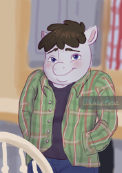 Size: 2480x3508 | Tagged: safe, artist:mythicalartist_, derpibooru import, truffle shuffle, anthro, blushing, commission, hand in pocket, high res, kevin james, looking at you, male, meme, plaid, ponified, ponified meme, shrug, signature, smiling, smiling at you, solo, the king of queens